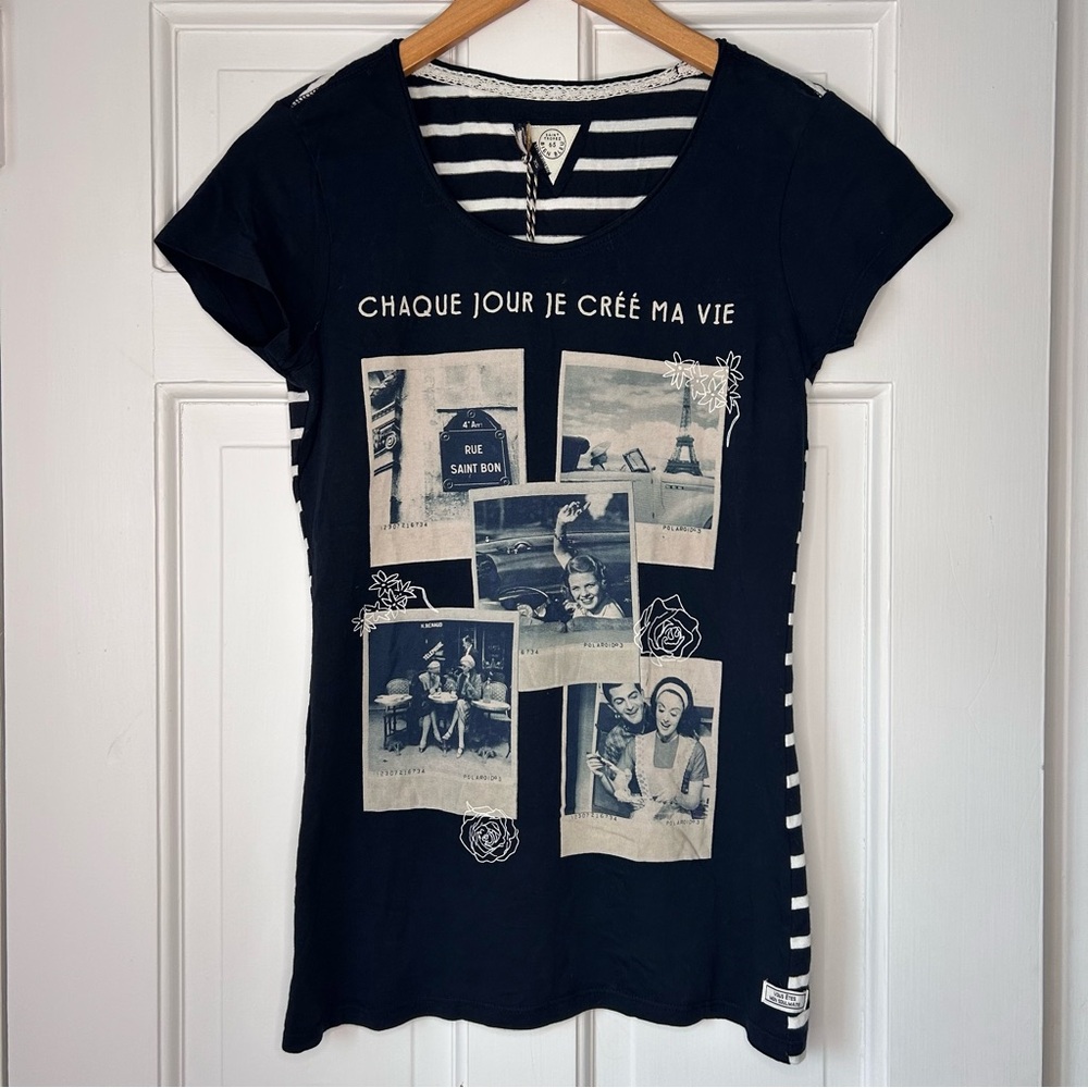 Saint Tropez Bien Bleu Navy Blue French Graphic Tee with Stripes Size XS NWT